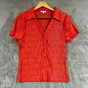 Pleione Blouse Pucker Textured Button-Up Short Sleeve Stretchy Orange Size L